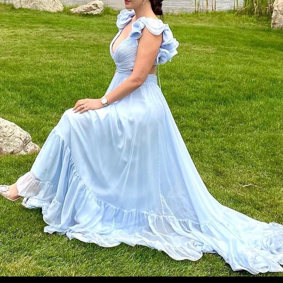 Mac Duggal Rosette Chiffon Cutout Empire Waist Gown - Picture 3 of 15